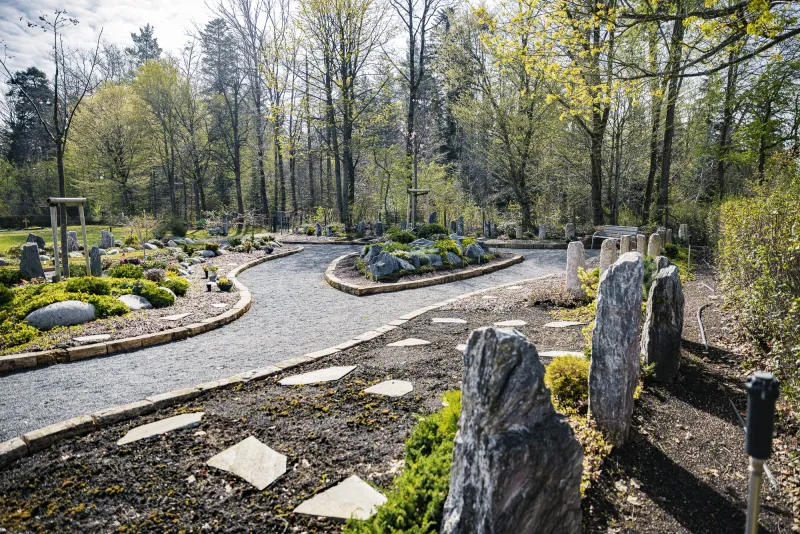 Geschwungene Kieswege zwischen bepflanzten Grabfeldern, aufgestellte Natursteine und Laubbäume im Frühjahrsaustrieb.
