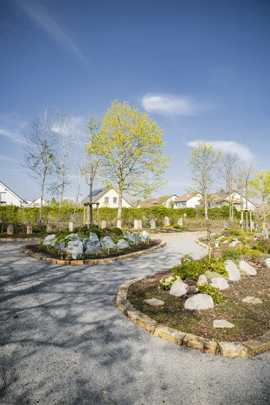 Der Erinnerungsgarten von einem Weg aus gesehen, junge Bäume mit frischem Austrieb, rund angelegte Beete mit Findlingen, dahinter Wohnbebauung.